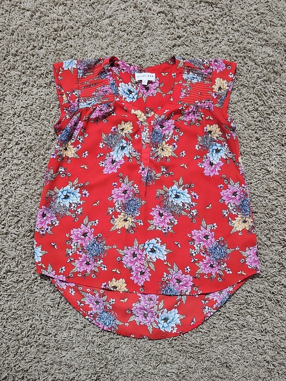 Olive + Oak Blouse Floral Top Silky Split Neck Large Shirt